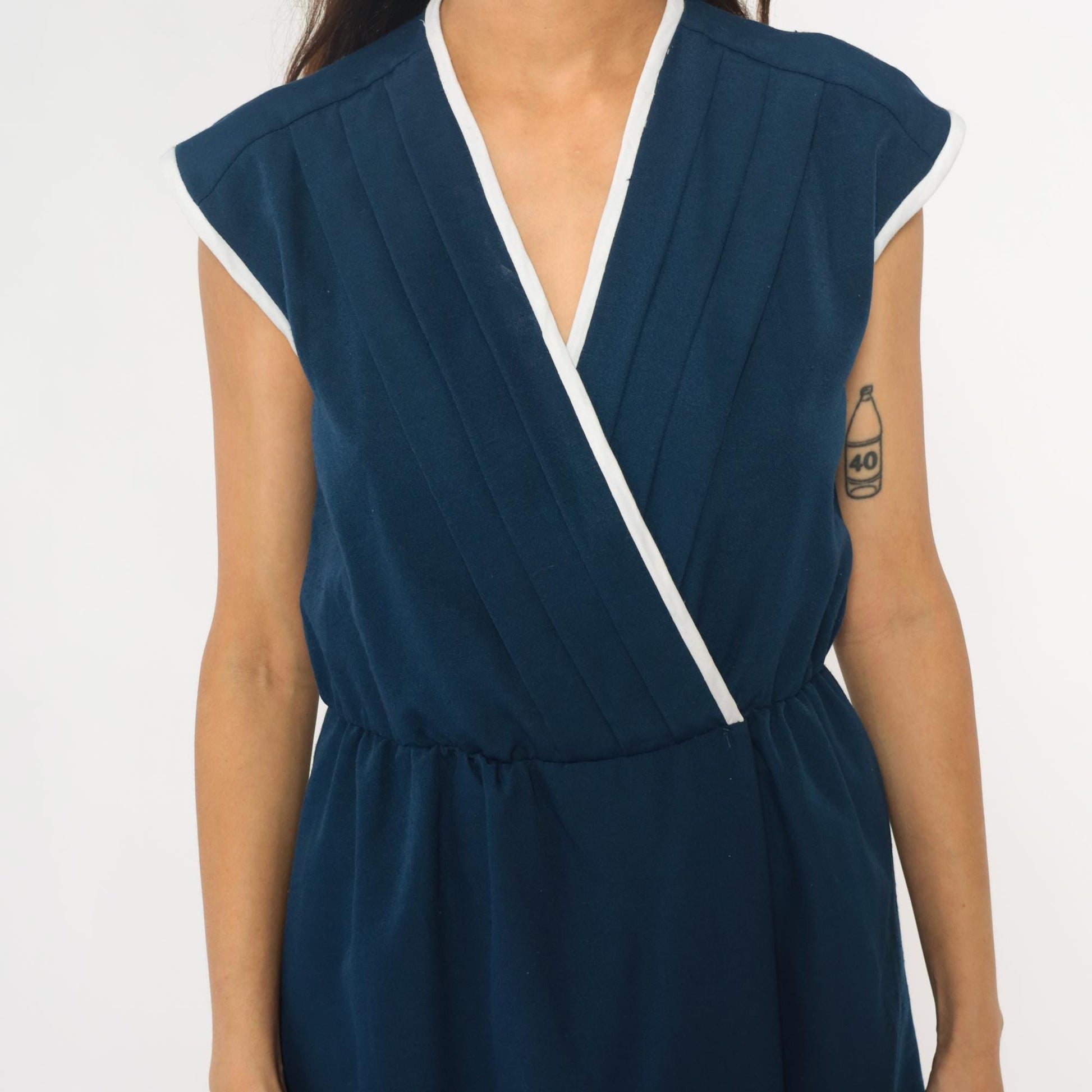 80s Toni Todd Navy Wrap Dress White Trim Cap Sleeve Midi Small Medium