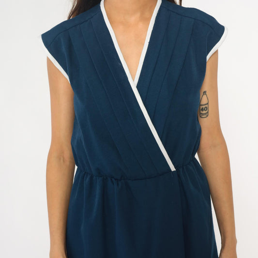 80s Toni Todd Navy Wrap Dress White Trim Cap Sleeve Midi Small Medium