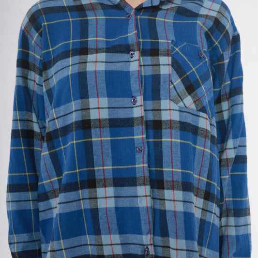 90s Timber Trail Plaid Flannel Shirt Blue Button Front Cotton Medium M
