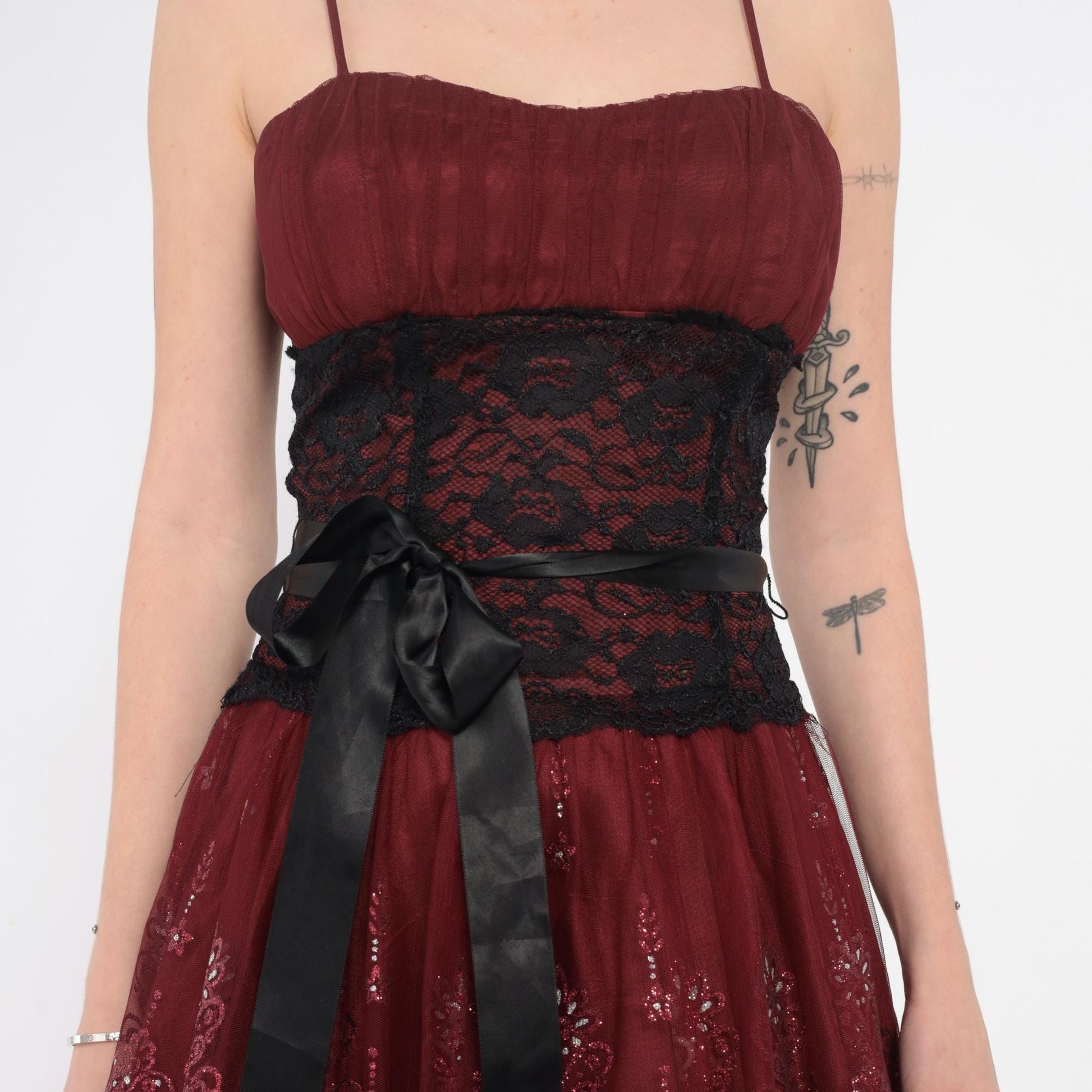 Y2K Burgundy Mini Dress Sequin Lace Spaghetti Strap Small