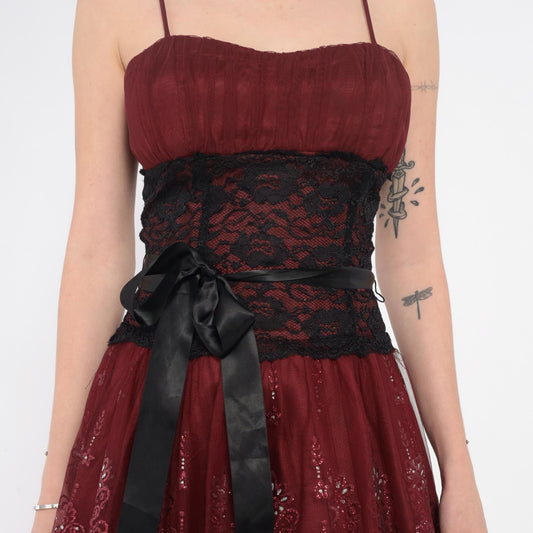 Y2K Burgundy Mini Dress Sequin Lace Spaghetti Strap Small