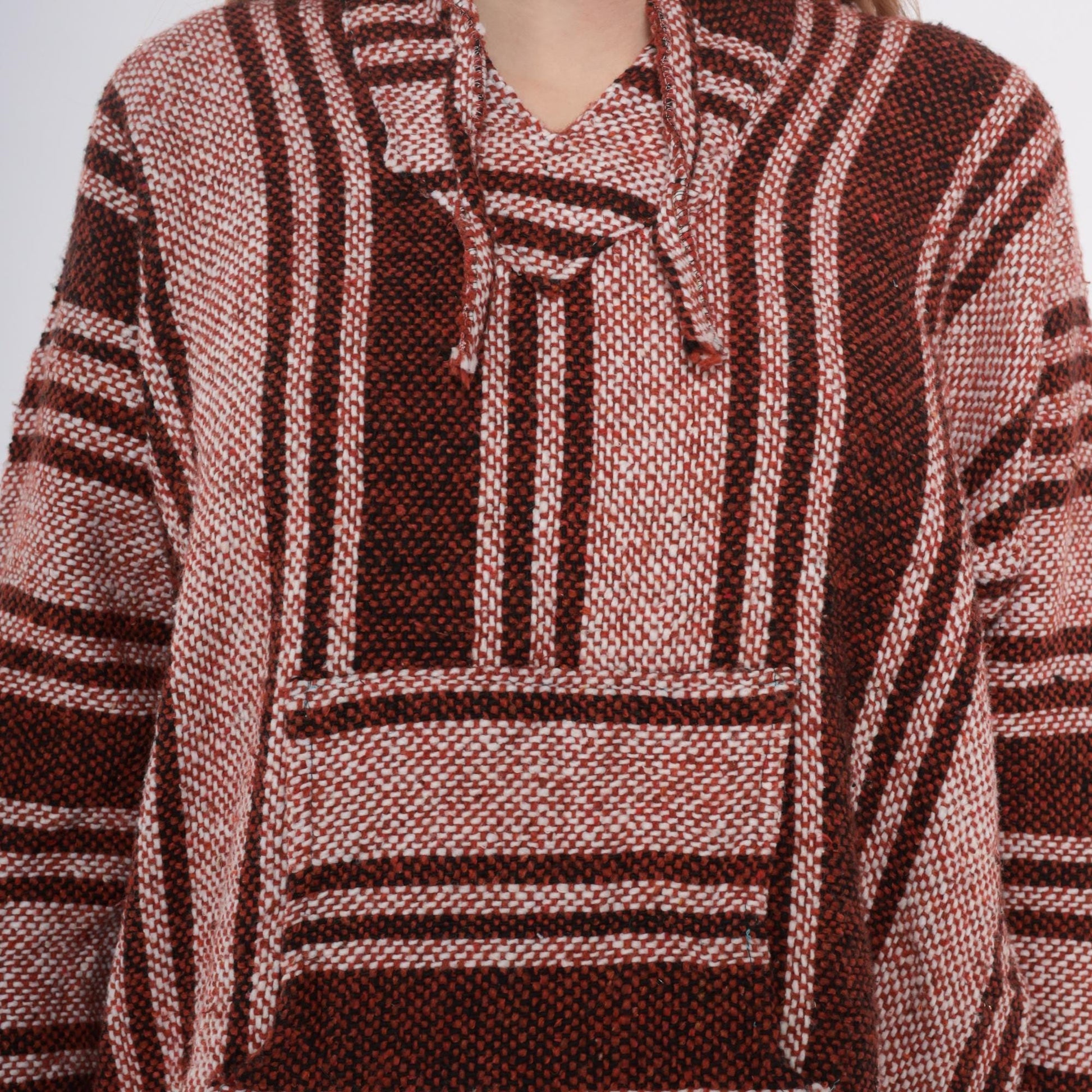 Y2K Baja Hoodie Brown Tan Striped Woven Pullover Kangaroo Pocket Medium M