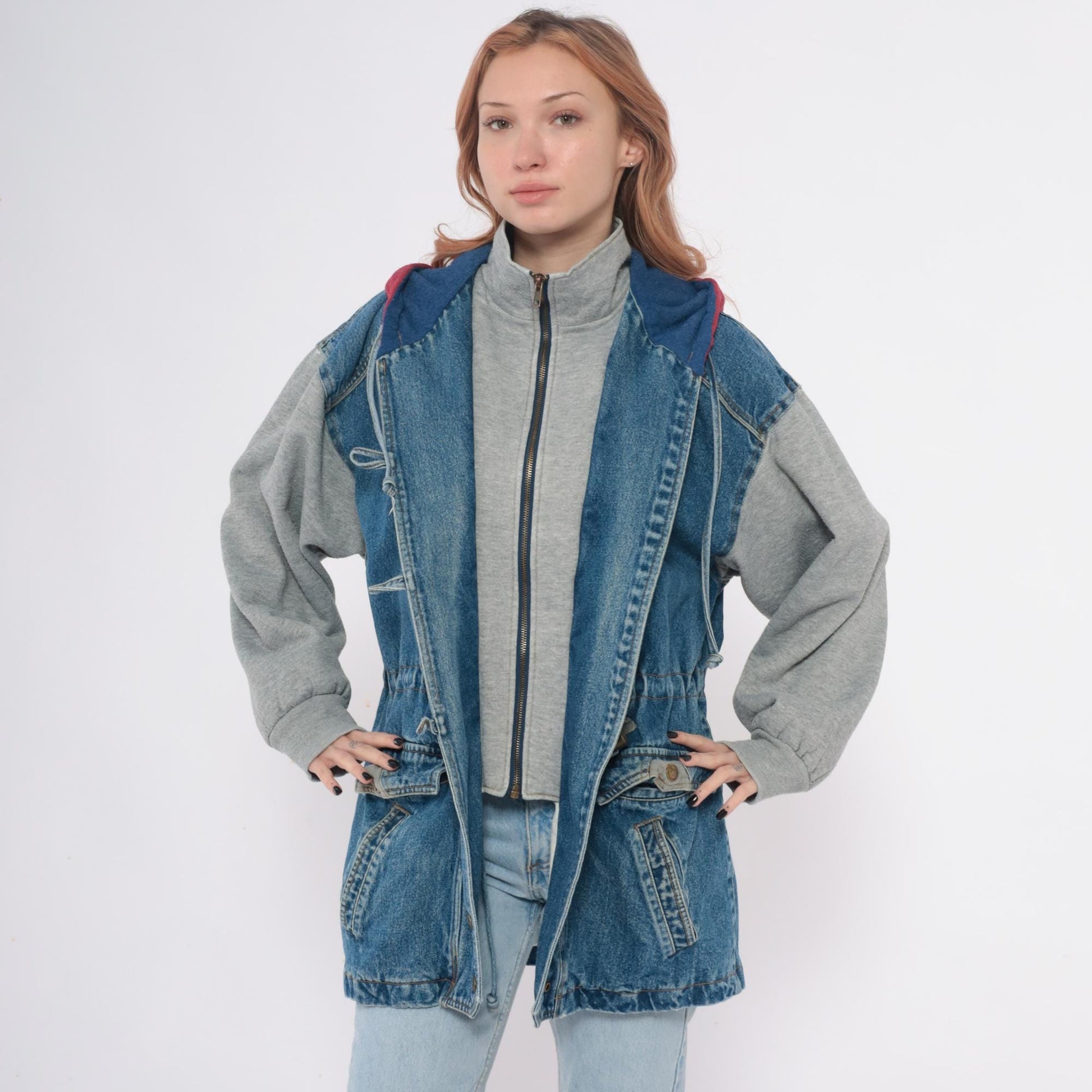 90s New York Girl Denim Jacket Colorblock Hood Toggle Closure Medium M
