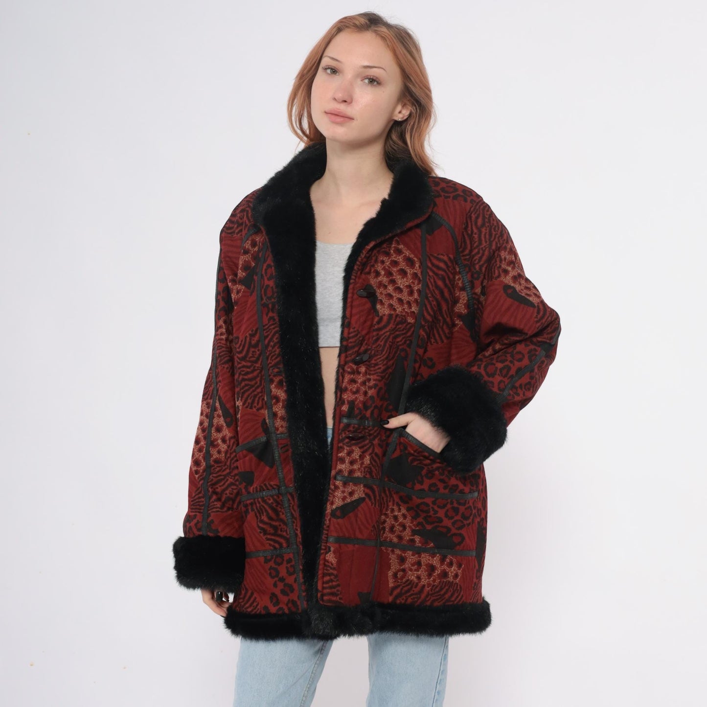 70s Burgundy Patchwork Coat Animal Print Faux Fur Collar Large L