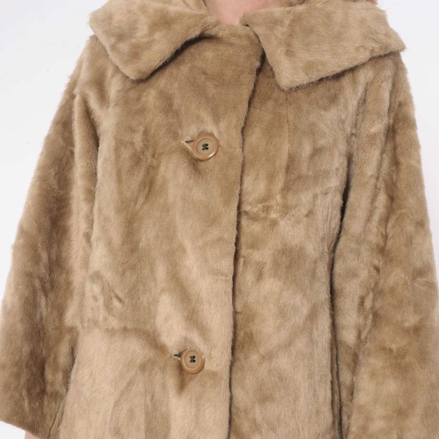 60s Sutton Place Faux Fur Coat Beige Shawl Collar A-Line Large L