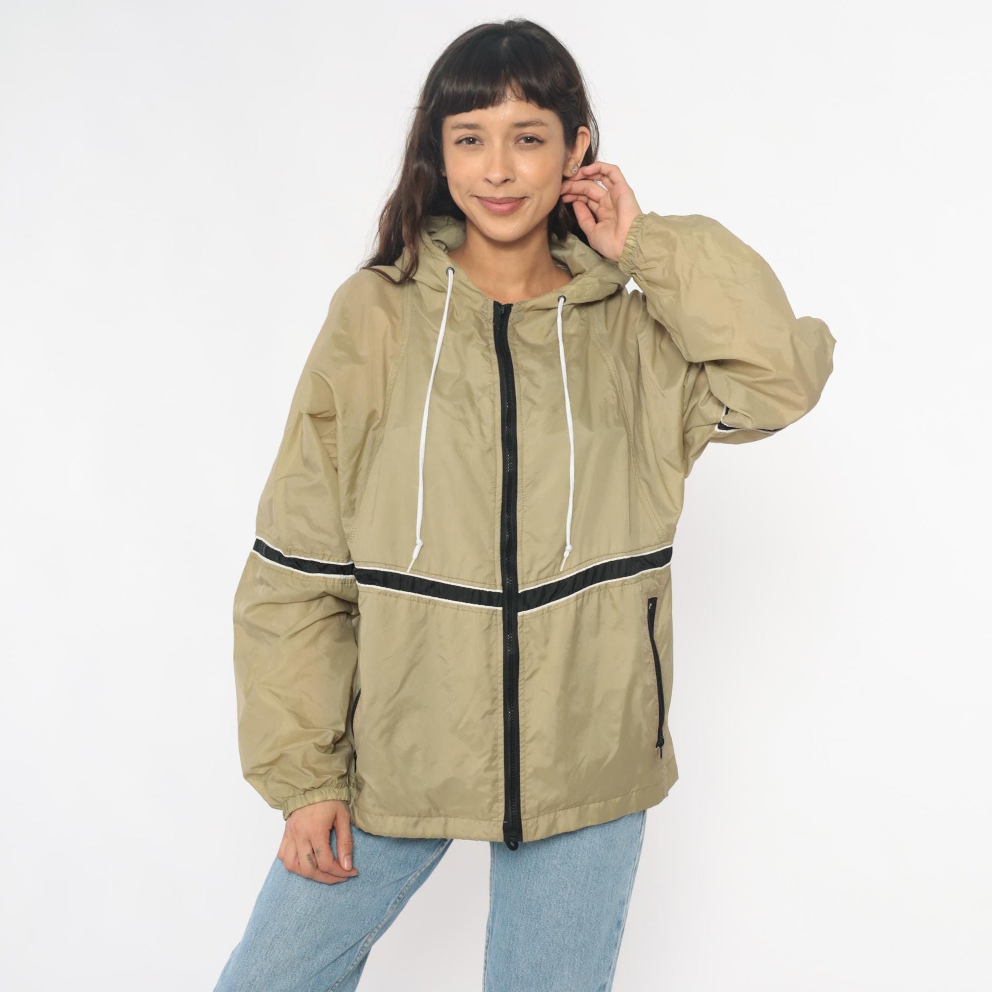 90s Tan Windbreaker Jacket Hooded Striped Black White Nylon Small