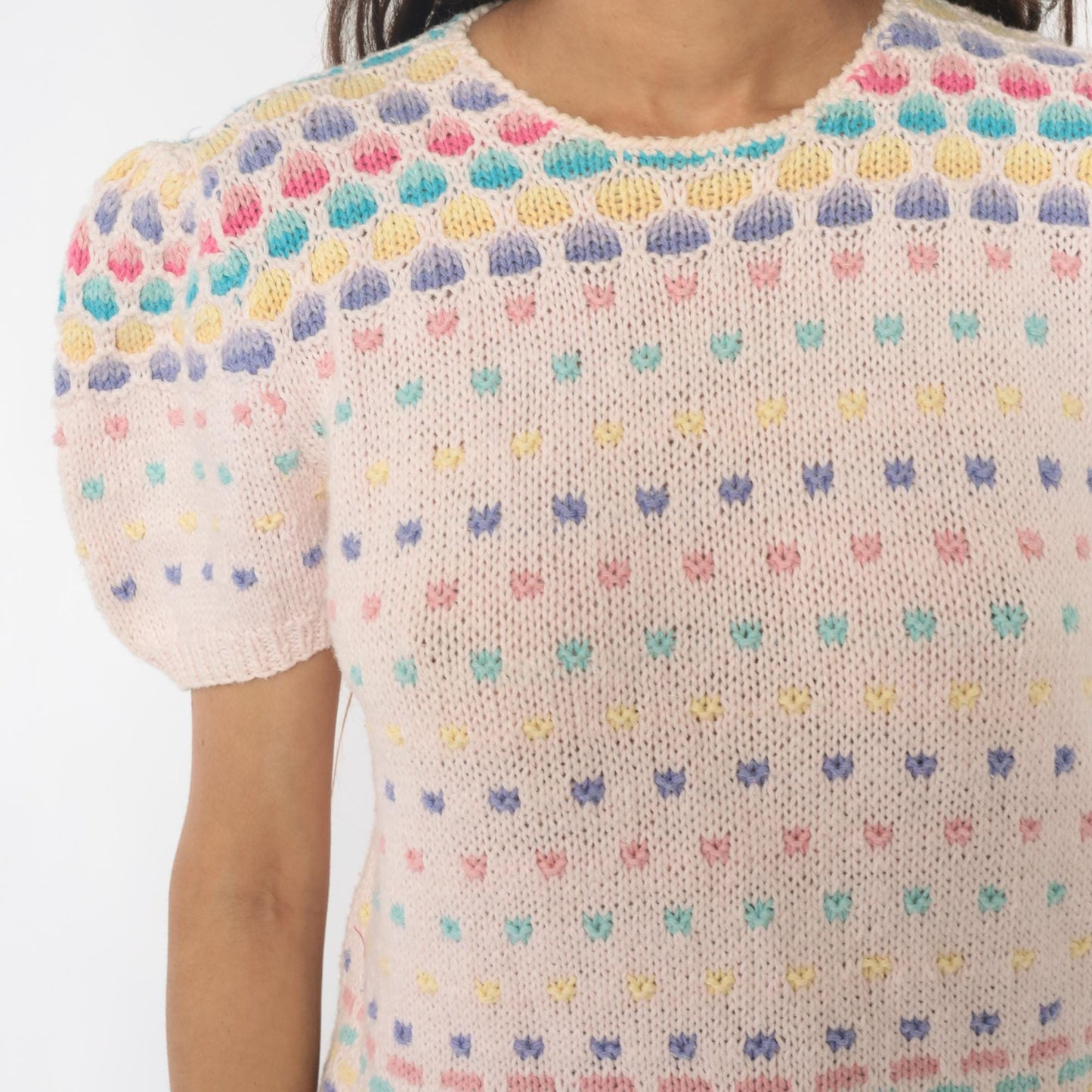 80s Deans of Scotland Puff Sleeve Knit Top Cream Polka Dot Small