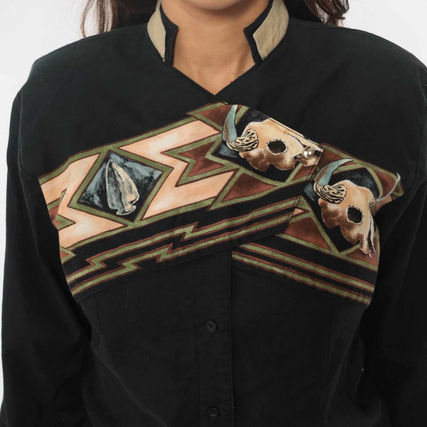 90s Roper Black Western Shirt Buffalo Skull Southwestern Appliqué Small