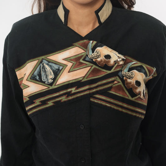 90s Roper Black Western Shirt Buffalo Skull Southwestern Appliqué Small