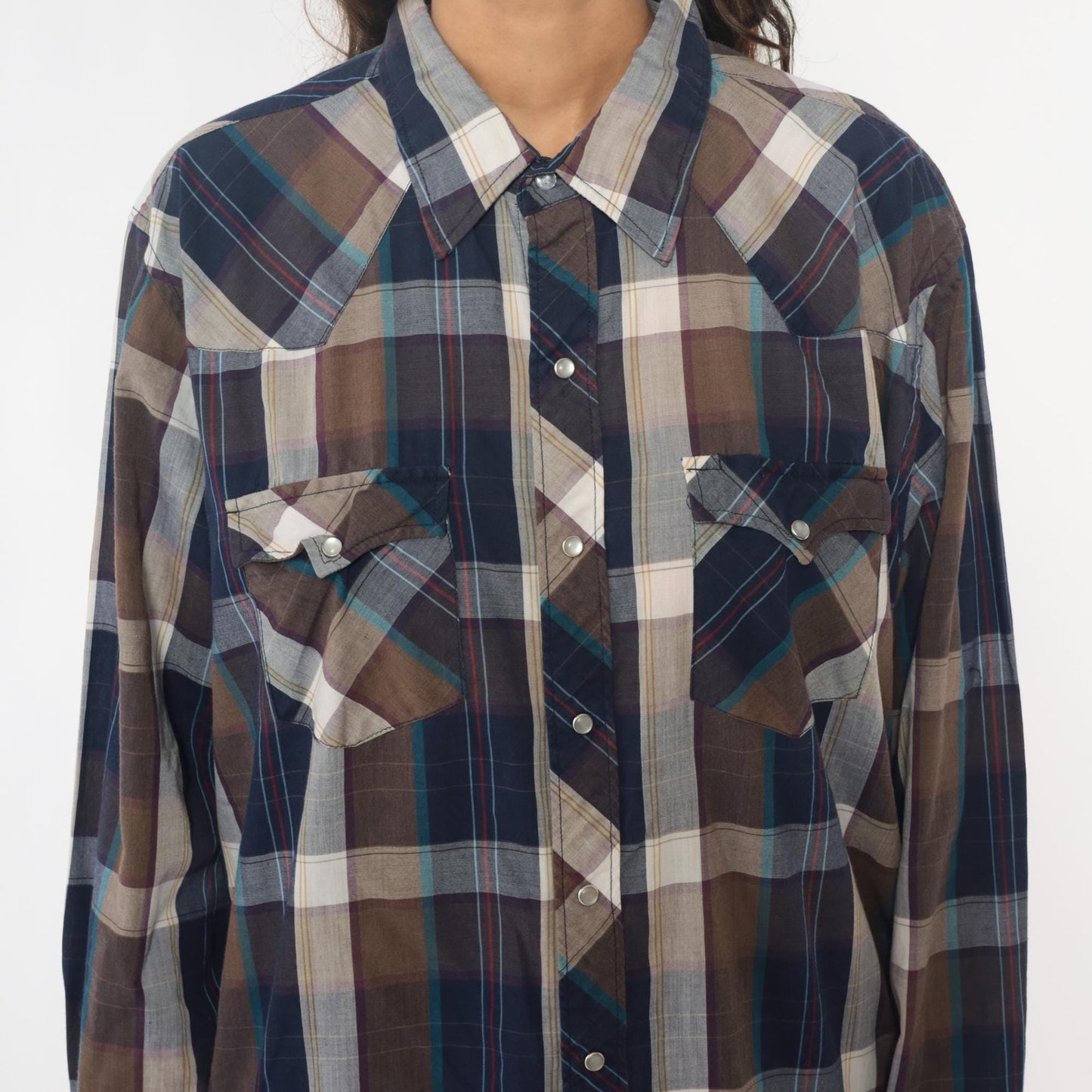 90s Youngbloods Western Shirt Pearl Snap Plaid Navy Brown Extra Large XL