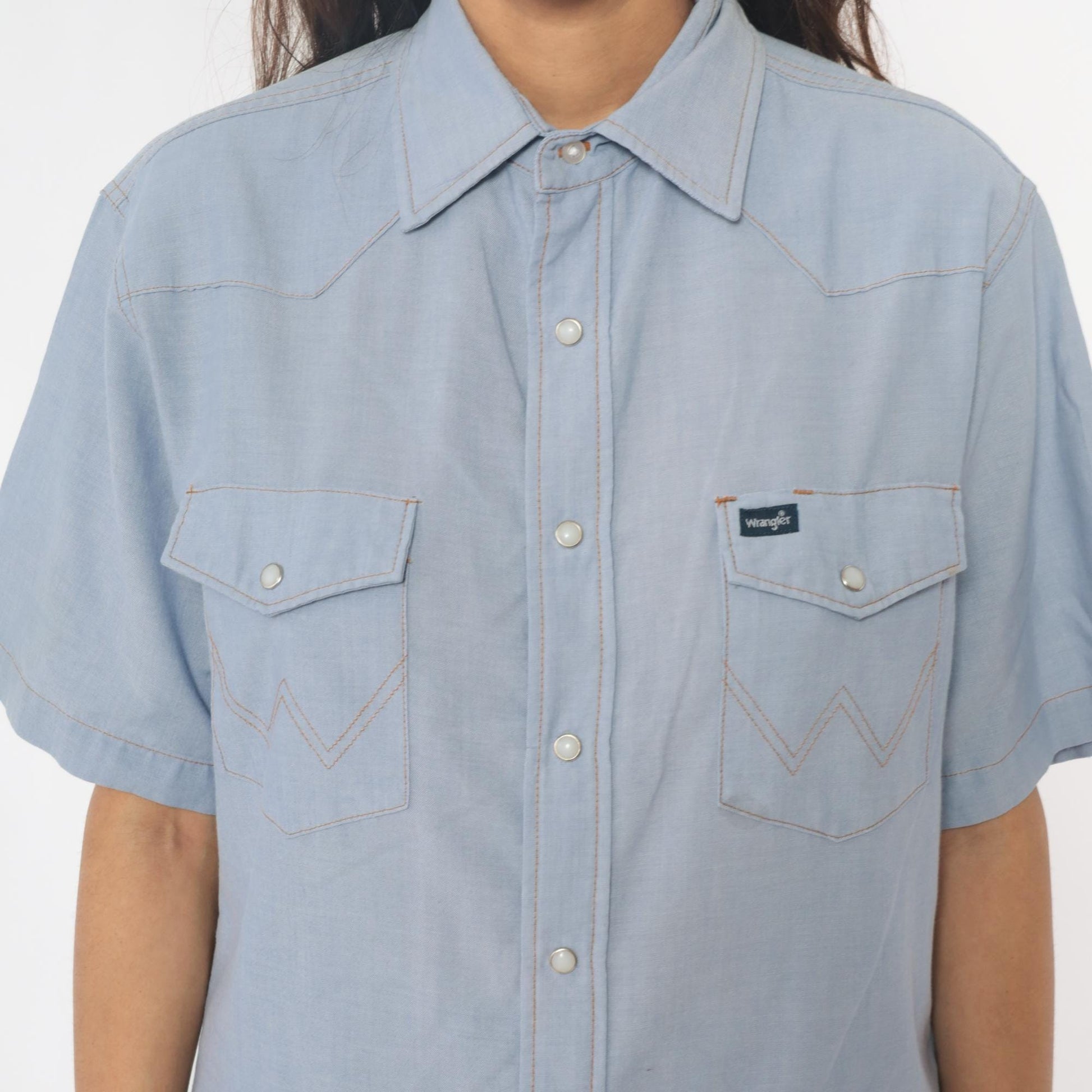 80s Wrangler Western Shirt Pearl Snap Light Blue Chambray Large