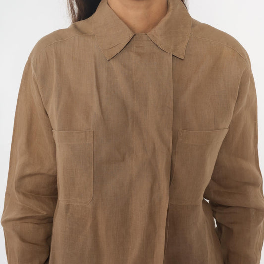 Calvin Klein 80s Tan Button-Up Shirt Pointed Collar Chest Pockets Small