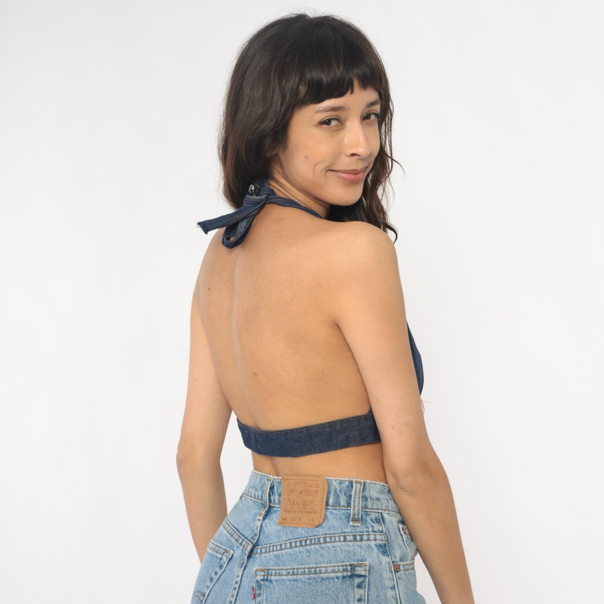 90s Dark Denim Halter Crop Top Tie Neck Open Back Small Medium
