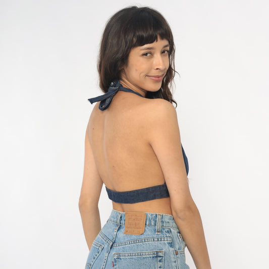 90s Dark Denim Halter Crop Top Tie Neck Open Back Small Medium