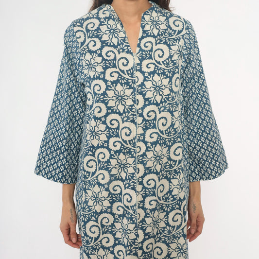 70s Blue Floral Maxi Dress Cotton Kaftan V-Neck Button Front Small