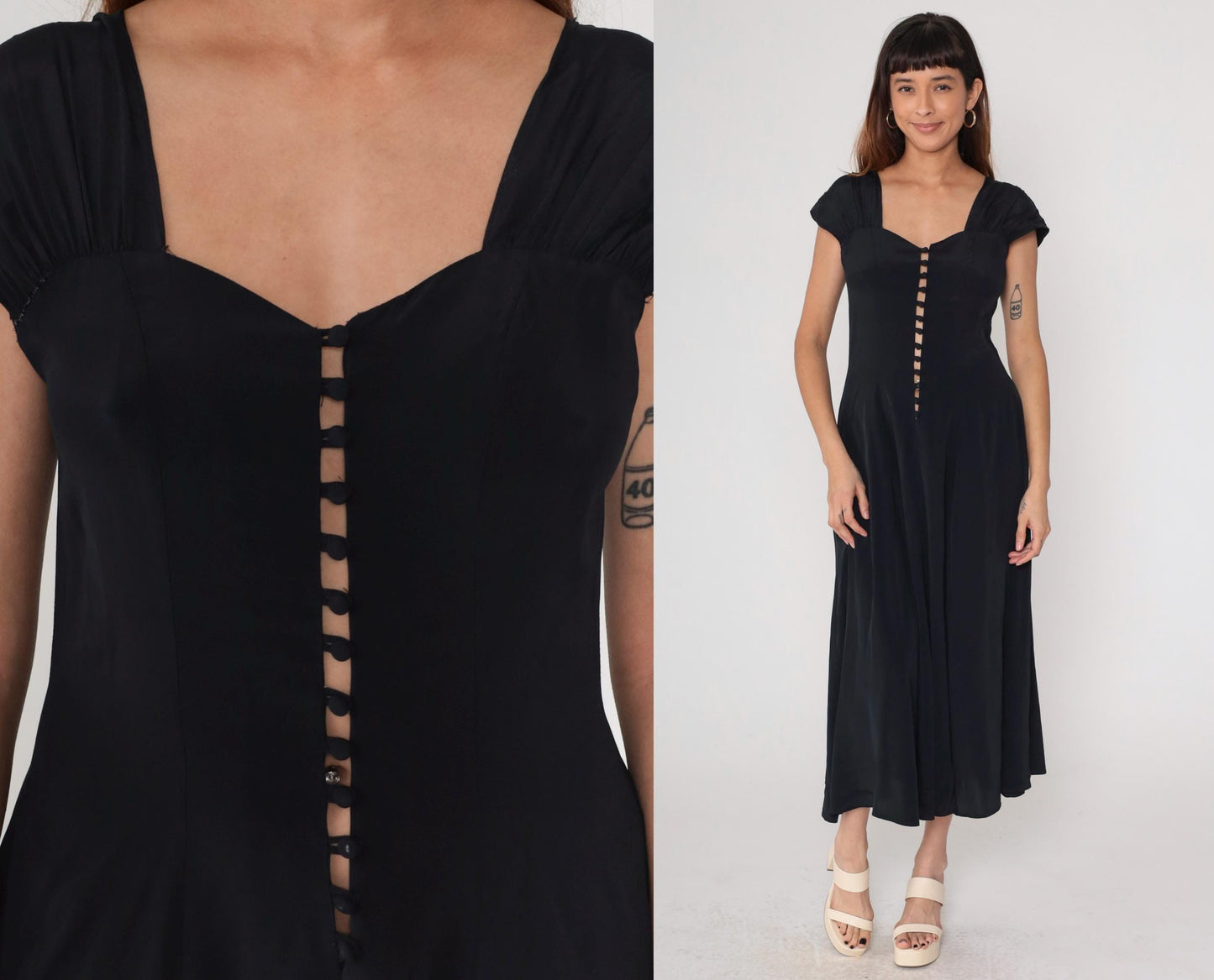 80s Black Maxi Dress Button Front Cap Sleeve Square Cutout Medium