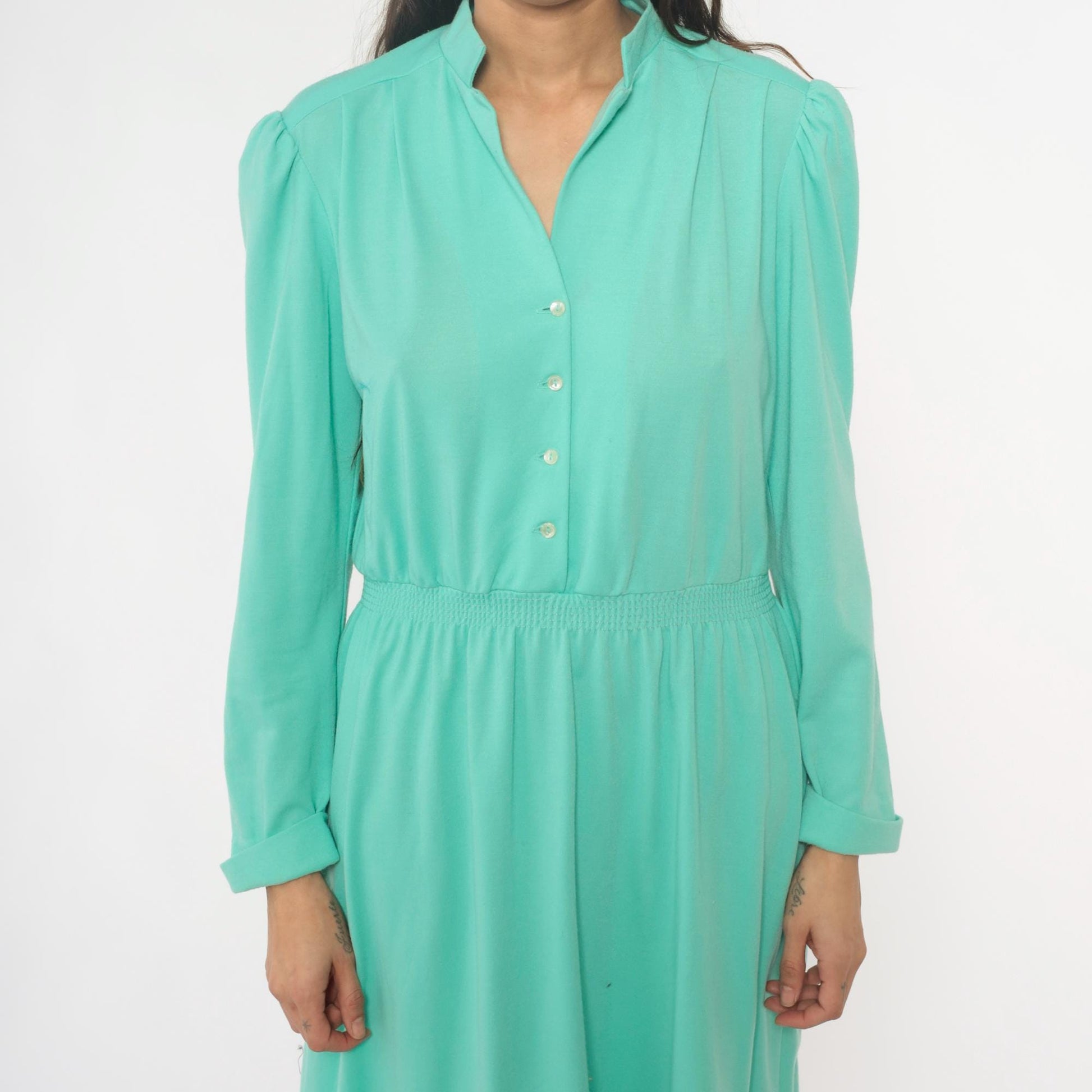 80s Lehigh Mint Green Shirtdress Puff Shoulder Knee-Length Small Medium