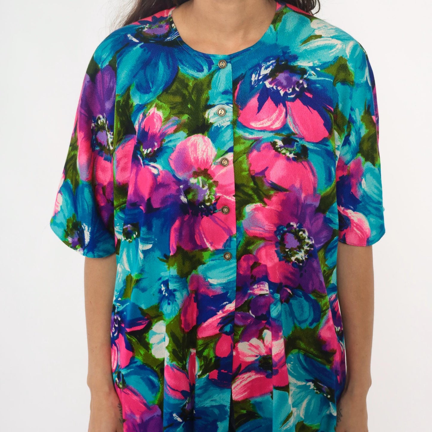 70s Haleaka Fashions Floral Button-Up Tunic Pink Purple Blue Cotton