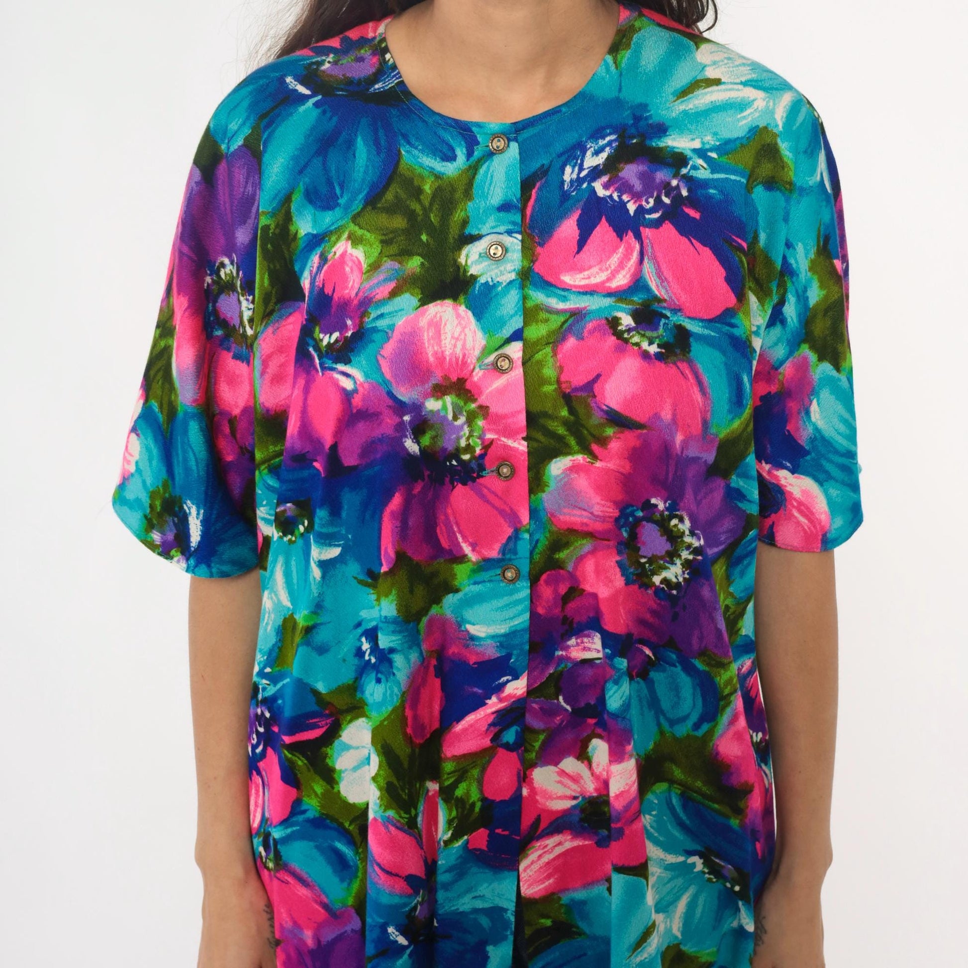 70s Haleaka Fashions Floral Button-Up Tunic Pink Purple Blue Cotton