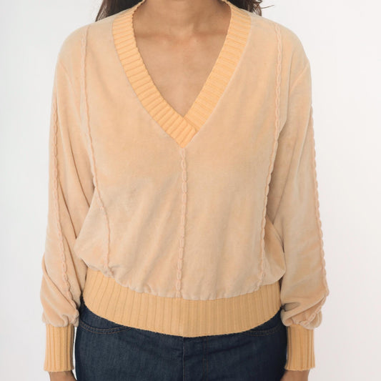 80s Comosport Velour Pullover Cream V-Neck Ribbed Knit Small