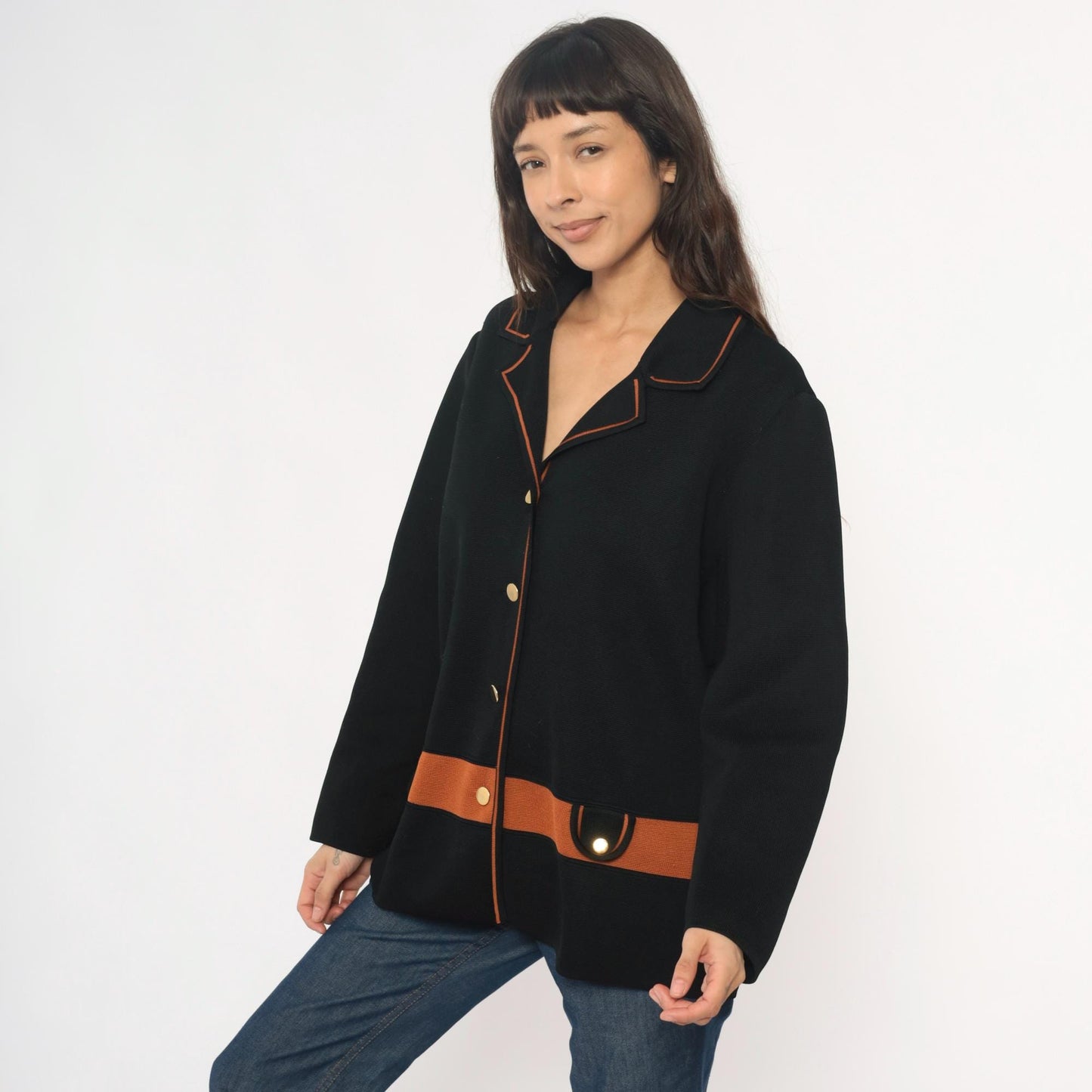 70s Black Knit Blazer Gold Buttons Rust Orange Trim Collared Jacket Large L