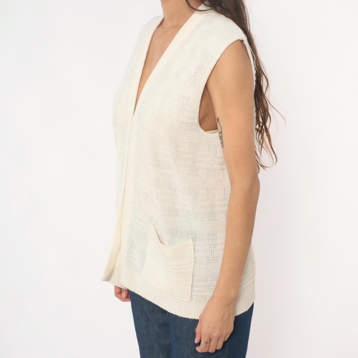 70s Cream Knit Vest Open Front Sleeveless Tank Top Small Medium