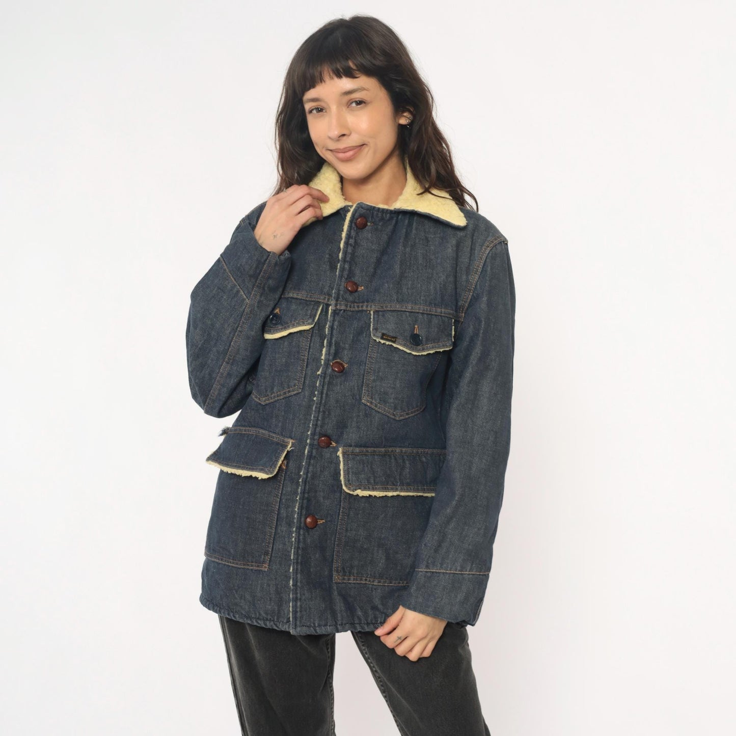 70s Roebucks Denim Jacket Sherpa Lined Dark Indigo Cream Workwear Medium Large