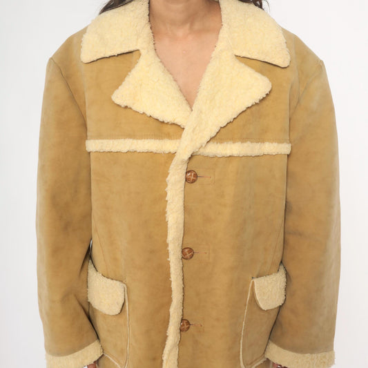 70s Wiman Tan Faux Suede Jacket Sherpa Collar Wide Notch Large