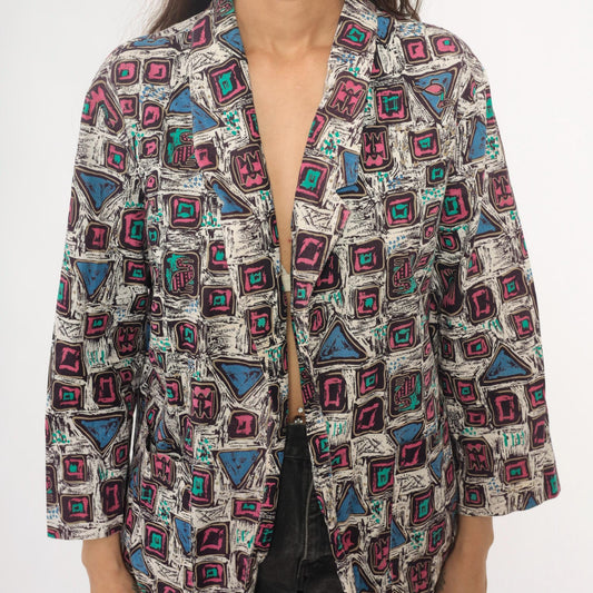 90s Mister Remo Geometric Abstract Blazer Pink Blue Cotton Small S