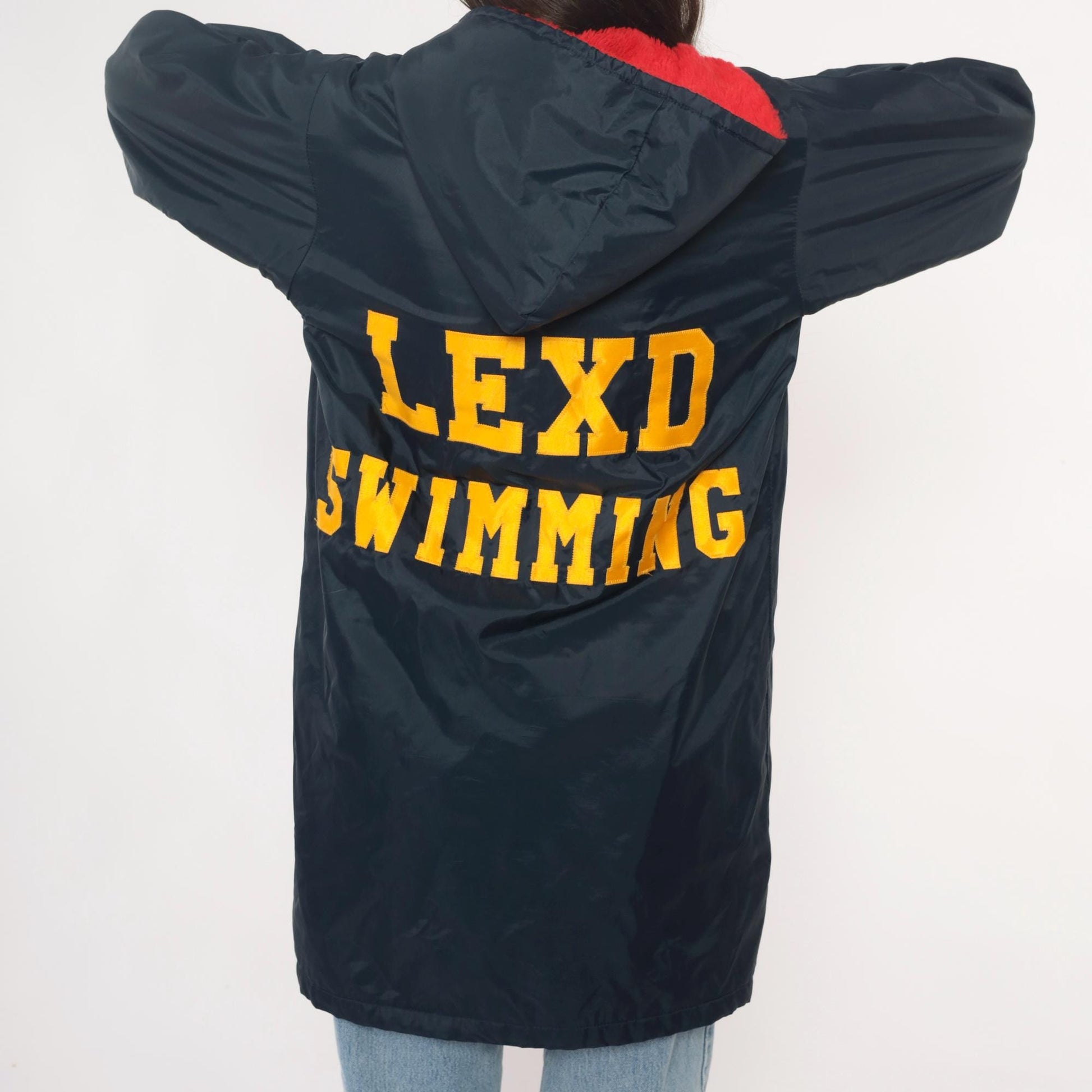 80s LEXD Swimming Team Jacket Navy Hooded Windbreaker Fur Lined Small
