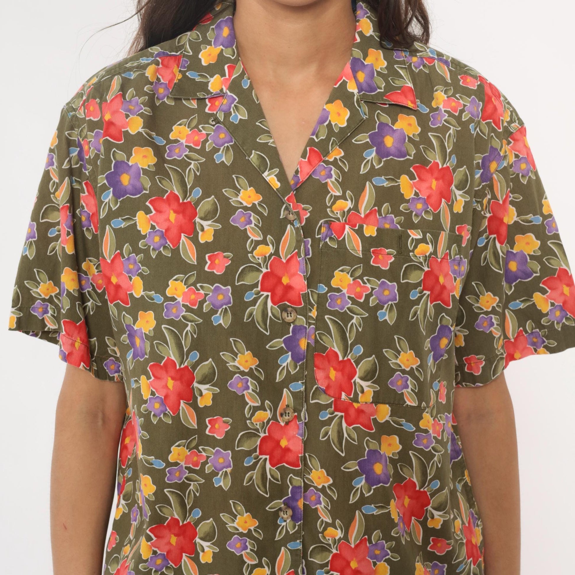 90s Liz Sport Floral Camp Collar Shirt Olive Green Cotton Small S