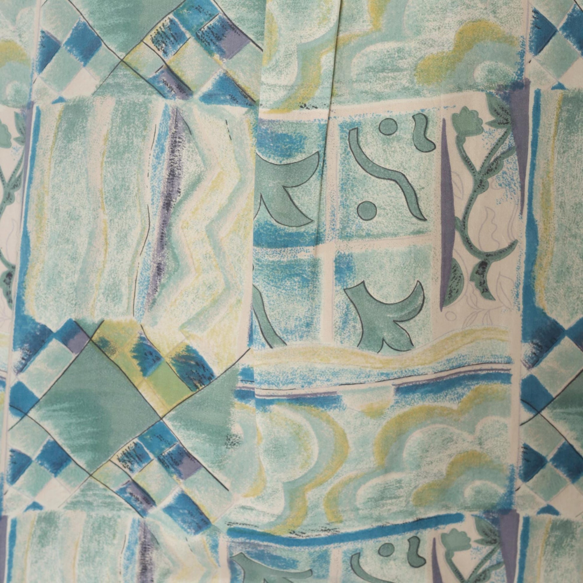 90s Silk Blouse Abstract Geometric Print Blue Green Cream Button Front Medium M