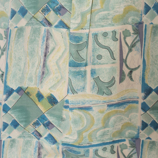 90s Silk Blouse Abstract Geometric Print Blue Green Cream Button Front Medium M