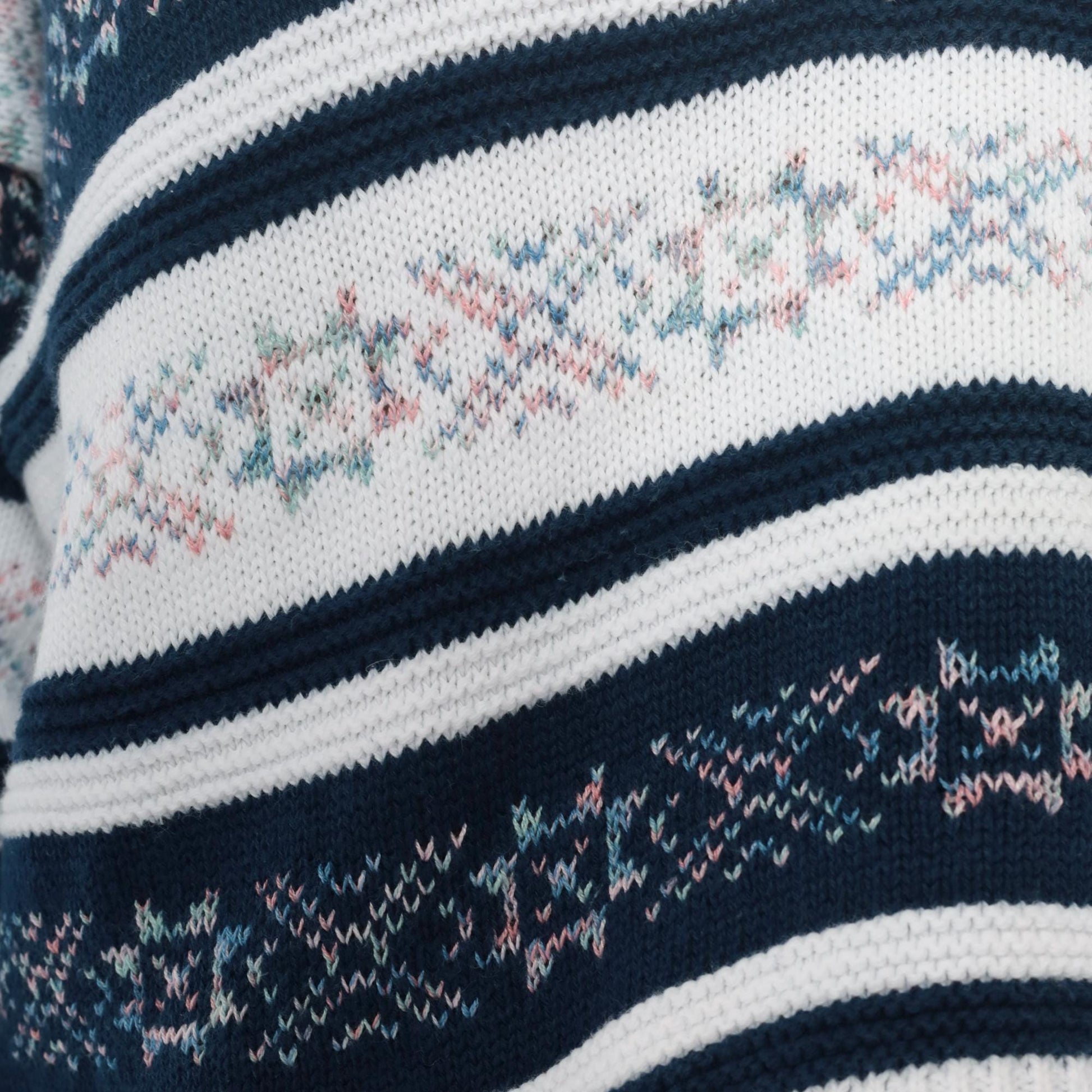 90s Navy Floral Striped V-Neck Knit Sweater Cotton Blend Medium M