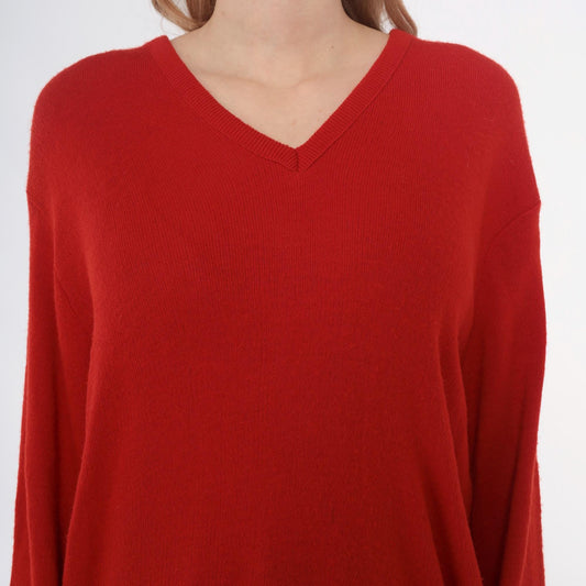 90s Puritan Red V-Neck Sweater Ribbed Knit Pullover Large L