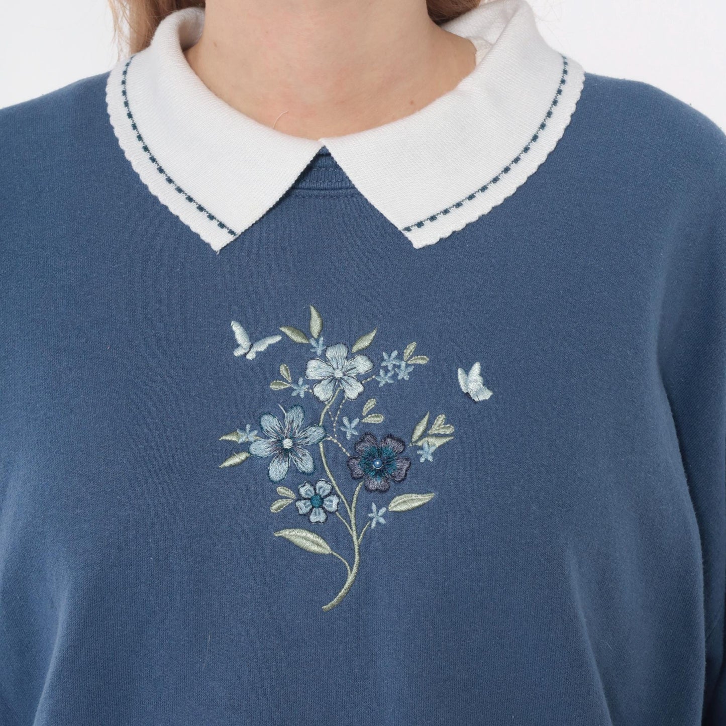 90s Morning Sun Butterfly Embroidered Sweatshirt Dusty Blue Peter Pan Collar Large