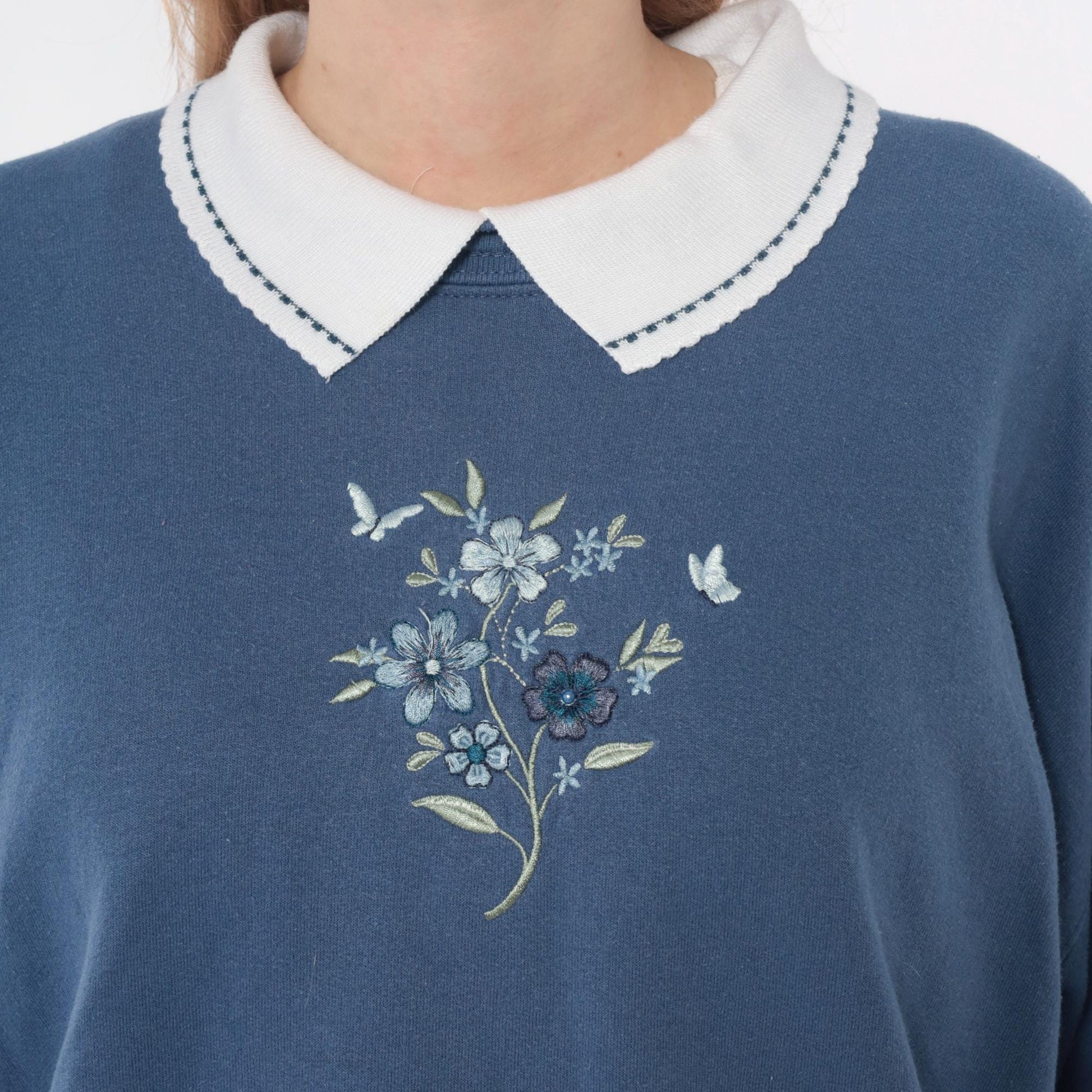 90s Morning Sun Butterfly Embroidered Sweatshirt Dusty Blue Peter Pan Collar Large