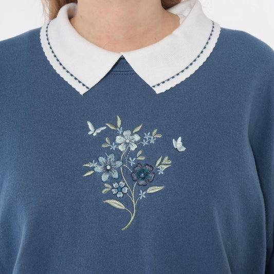 90s Morning Sun Butterfly Embroidered Sweatshirt Dusty Blue Peter Pan Collar Large