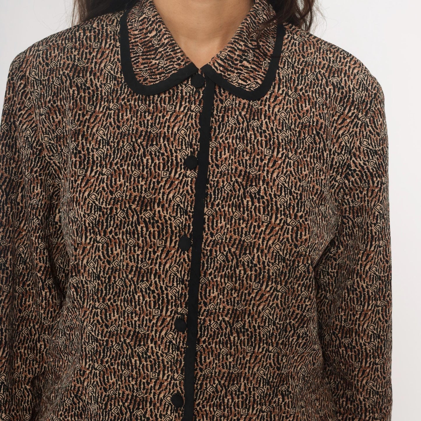 Y2K Nancy Crystal Cropped Jacket Brown Animal Print Peter Pan Collar Large L