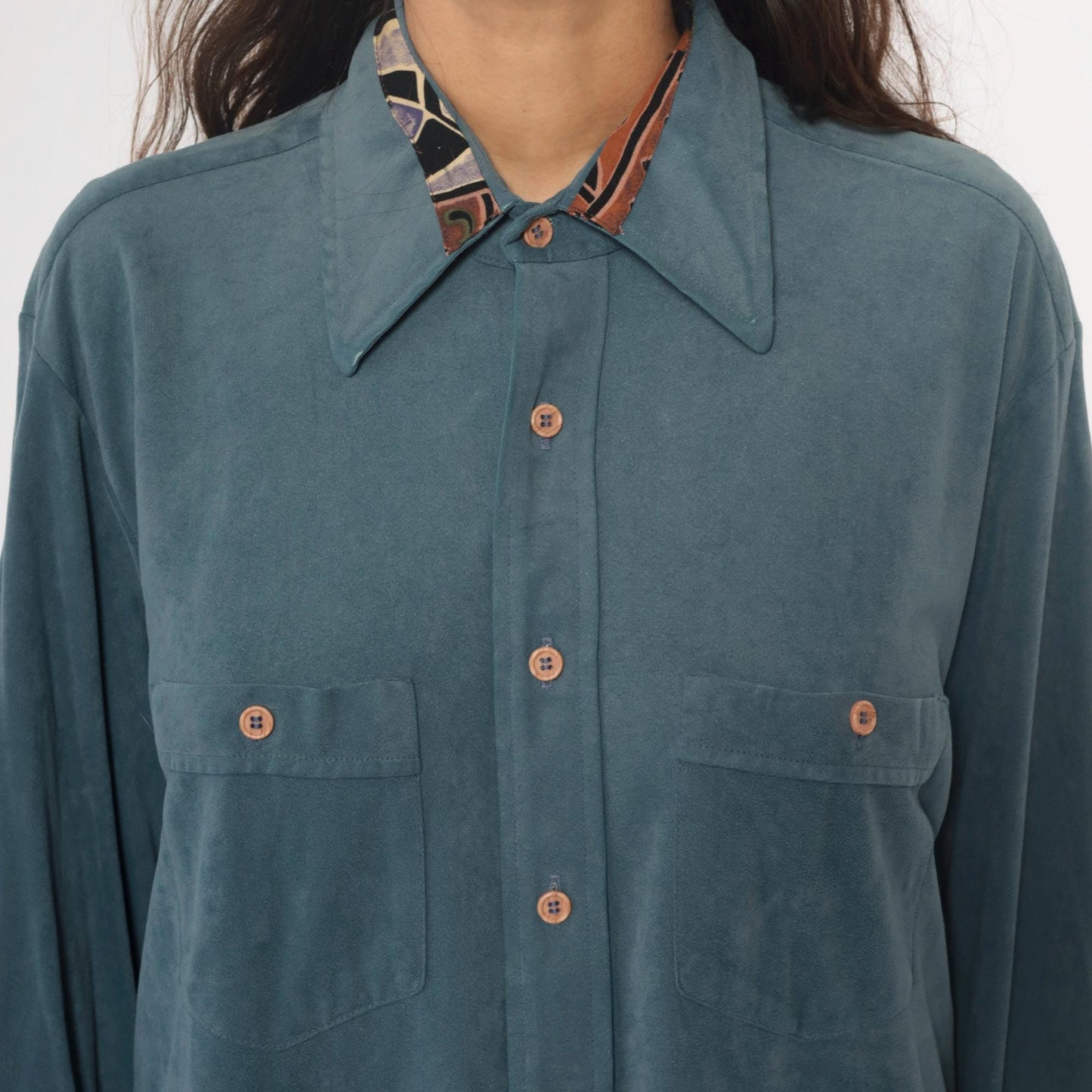 70s Macys California Blue-Teal Safari Shirt Pointed Collar Chest Pockets Large