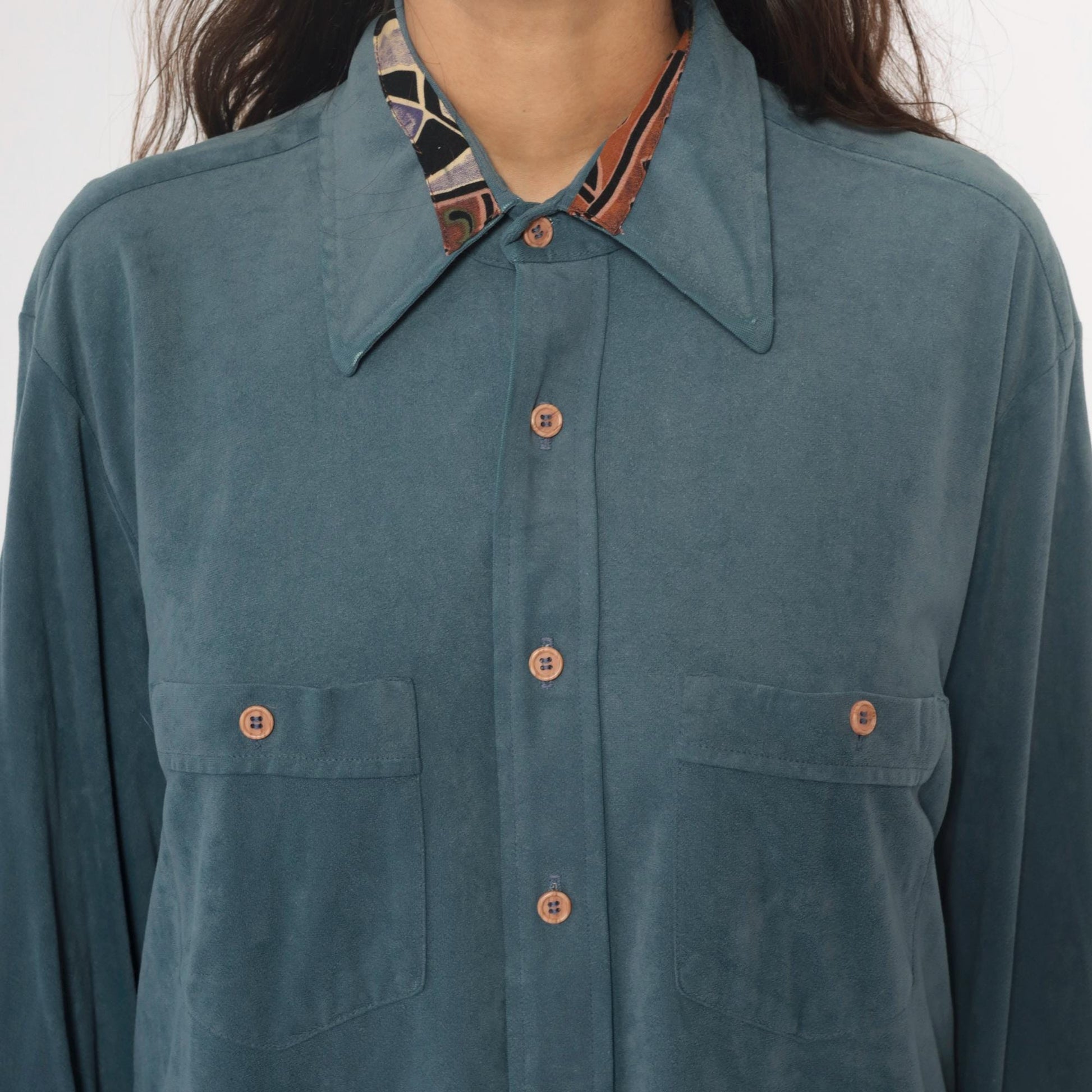 70s Macys California Blue-Teal Safari Shirt Pointed Collar Chest Pockets Large