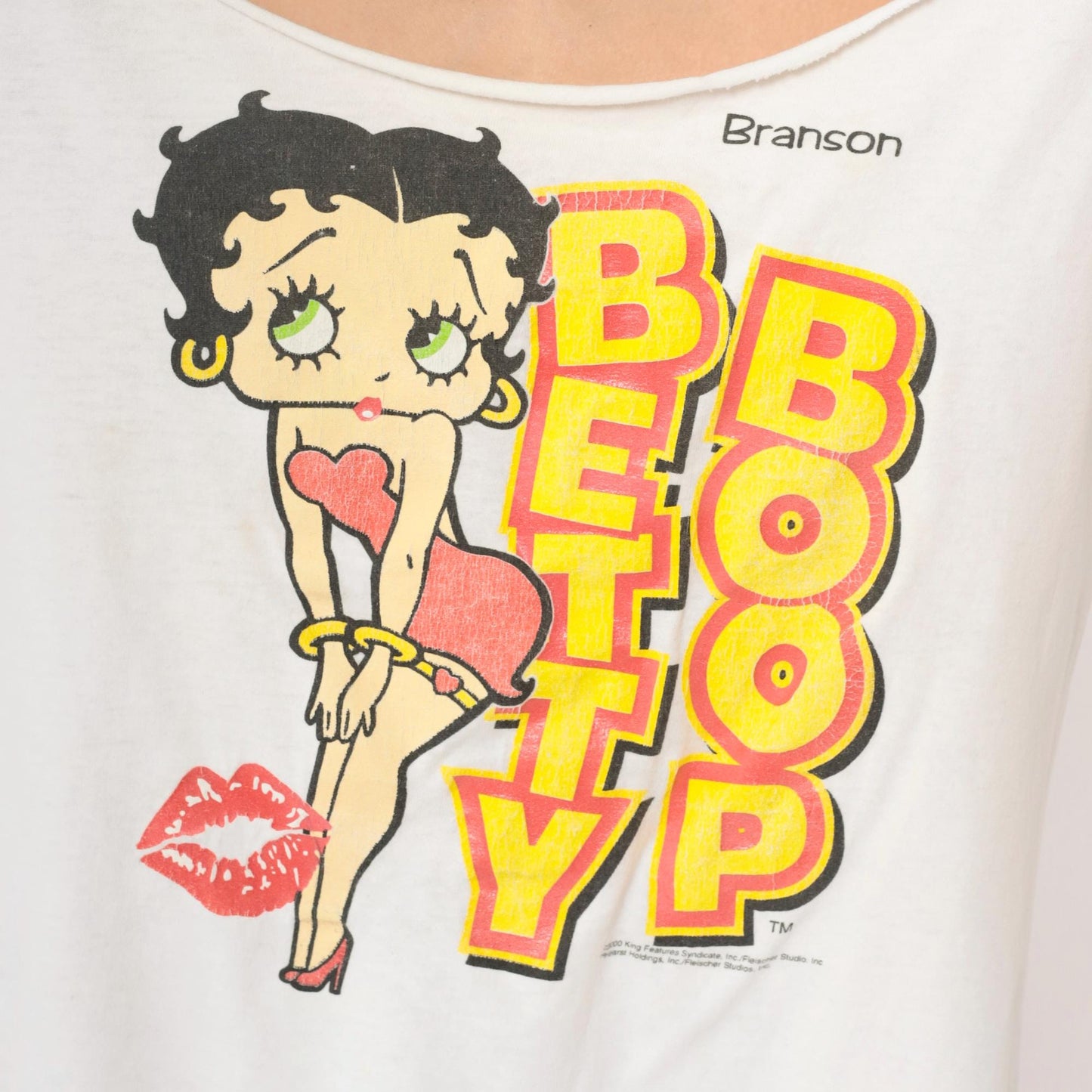 Y2K Betty Boop Graphic Tee White Cotton Off-Shoulder Distressed Extra Large