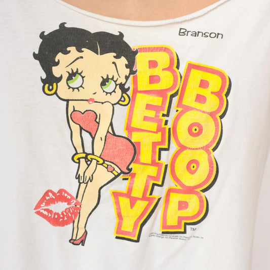 Y2K Betty Boop Graphic Tee White Cotton Off-Shoulder Distressed Extra Large