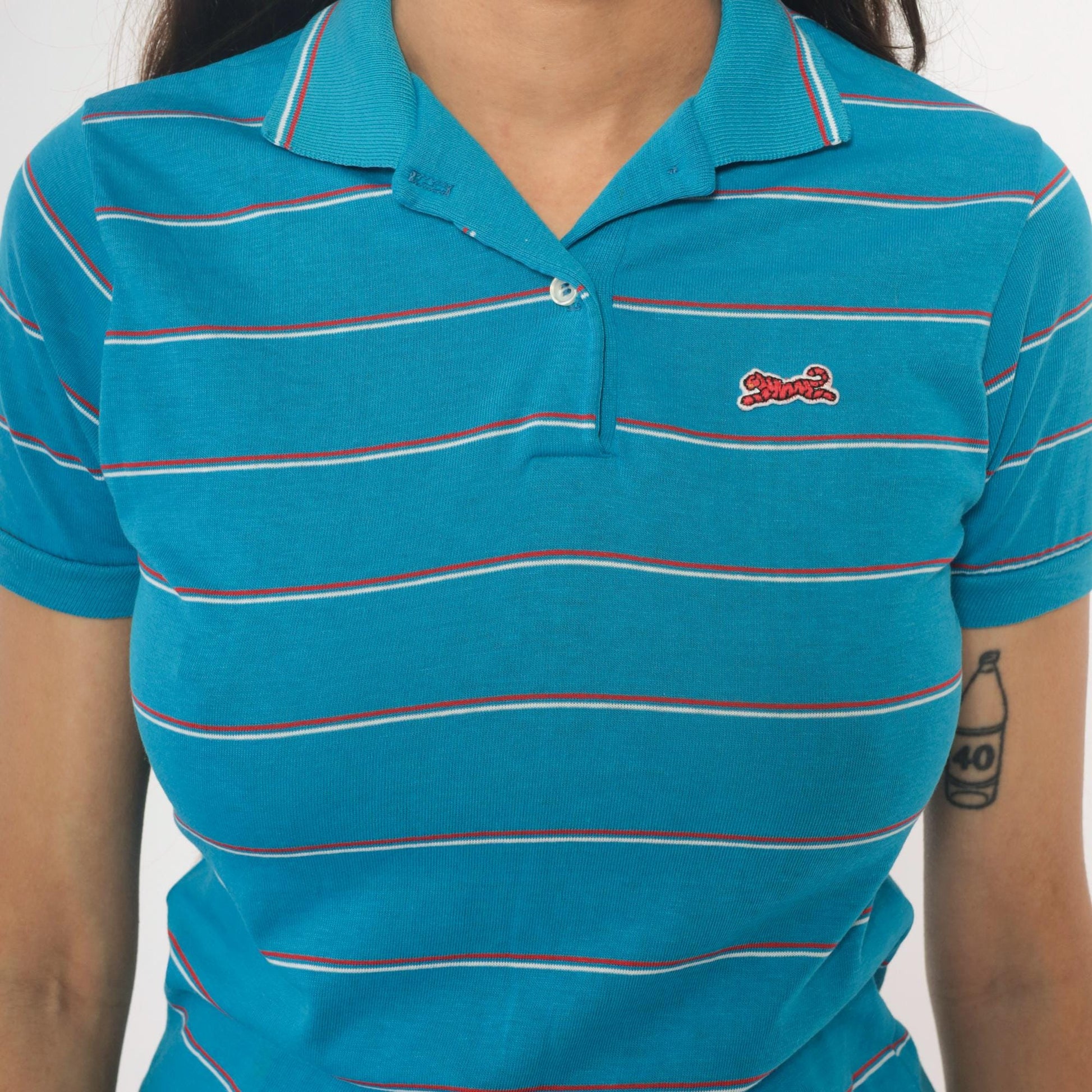 90s Le Tigre Polo Striped Blue Red White Horizontal Collared Shirt Extra Large XL