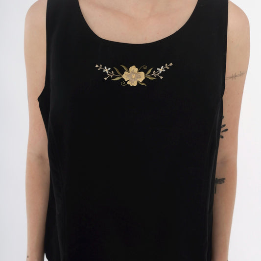 90s Peter Popovitch Black Tank Top Gold Floral Embroidery Large L