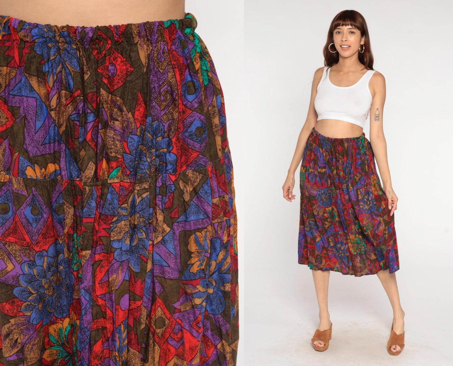90s Abstract Floral Midi Skirt Multicolor Geometric Print Elastic Waist Plus Size XXXL