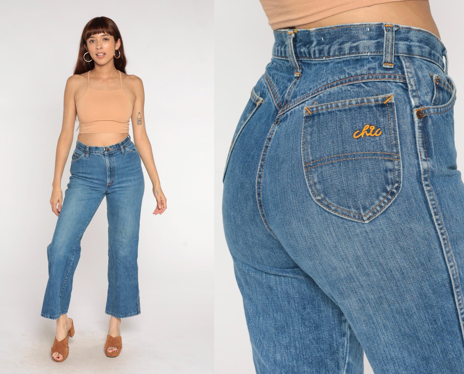 80s H.I.S High Waisted Straight Leg Jeans Medium Blue Orange Stitching Medium