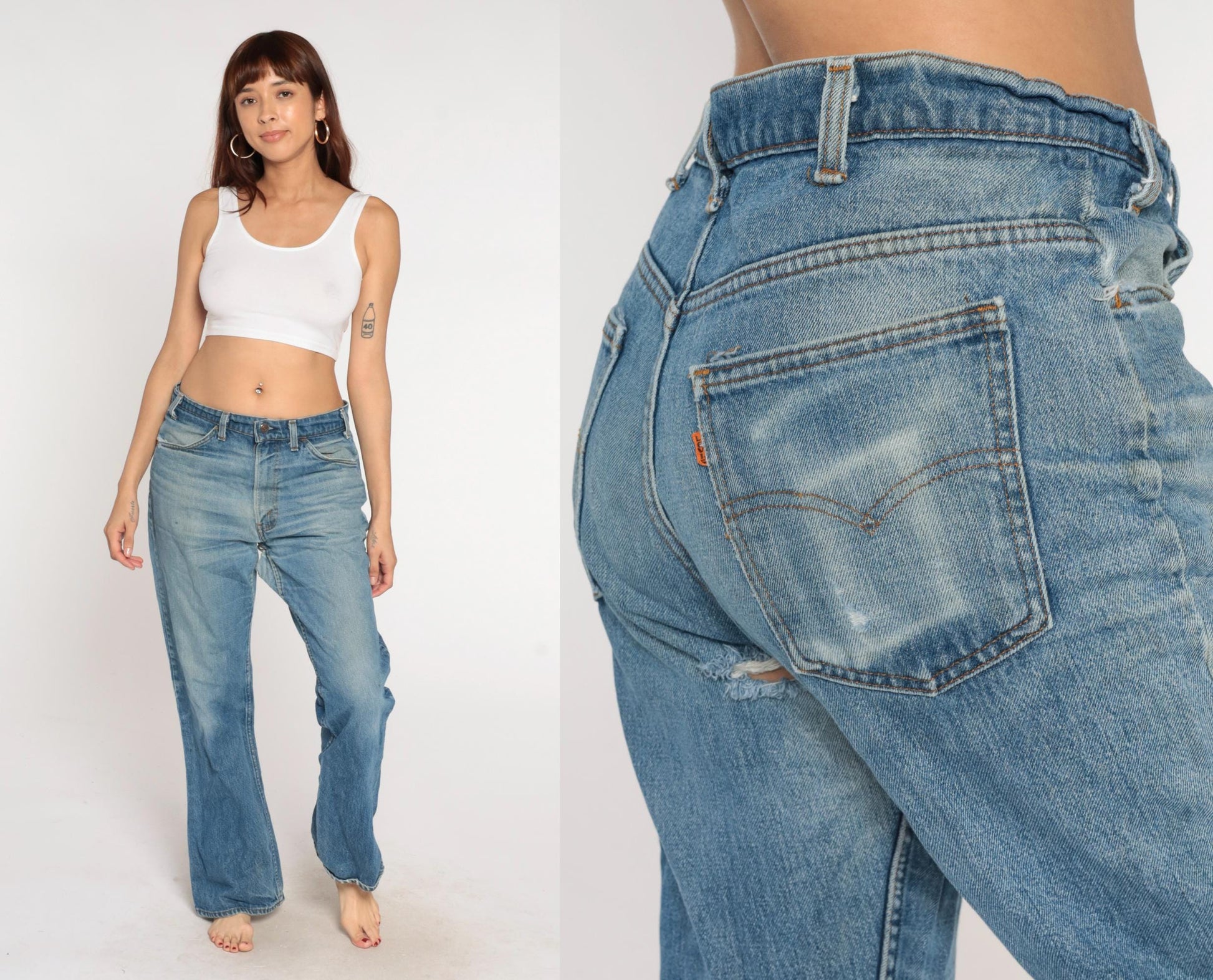 80s Levi's Bootcut Jeans Light Blue Faded Orange Tab Button Fly 34W 31L
