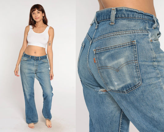 80s Levi's Bootcut Jeans Light Blue Faded Orange Tab Button Fly 34W 31L
