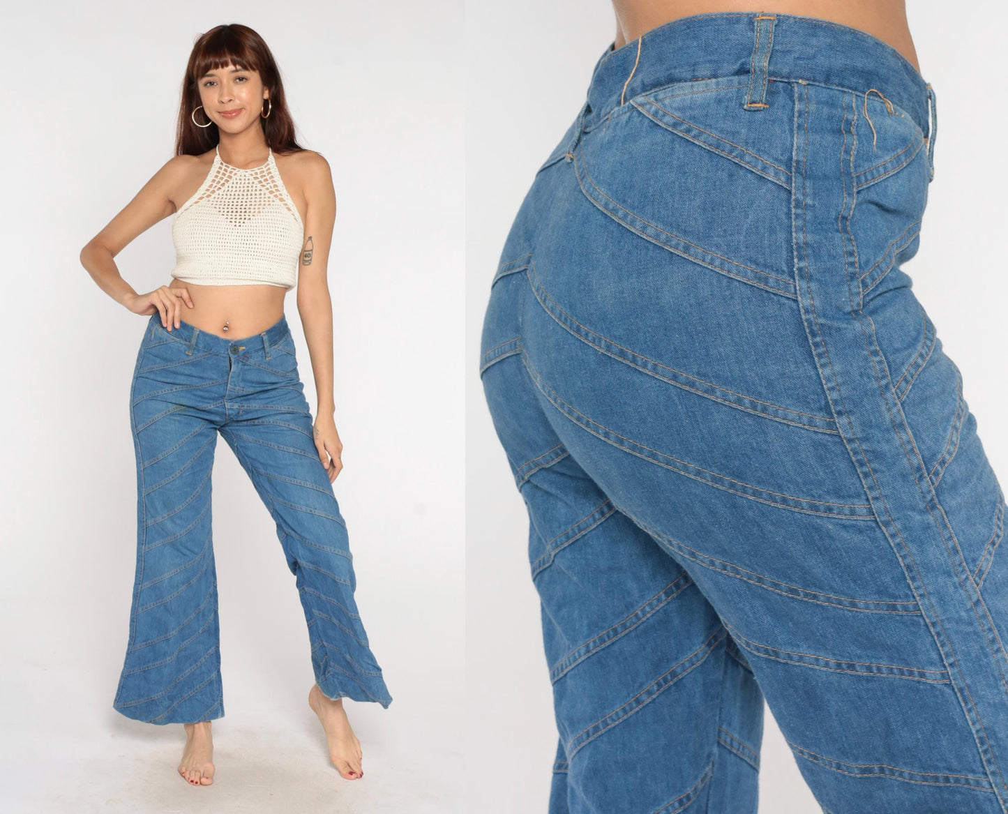 70s Light Blue Denim Bell Bottom Jeans Chevron Seam High Waist Large